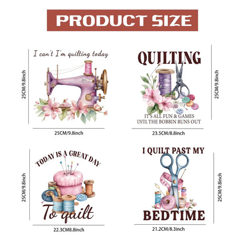 Quilting Heat Transfer Stickers Four Piece Set For DIYers T Shirts Hoodies Jackets Washable Iron On Decals Sewing