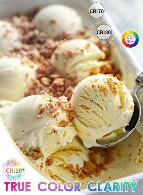 Scoops of vanilla ice cream in a dish with crunchy toppings, showcasing differences in CRI for color clarity.