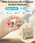 Smart Relay Module 1 Gang 10 Amp No Hub Required 2.4GHz WiFi Works With Google Assistant And Alexa Universal Smart Switch For Lamps Heaters And Appliances 1 Pack compact beige module in hand, 1.57in x 1.57in
