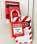 Keyed Different Lockout Tagout Lock Set With 10 Unique Locks And Two Keys Each For Lock Out Tag Out Stations And Devices Red LOTO Padlocks For Industrial Shop Floor Safety in use.