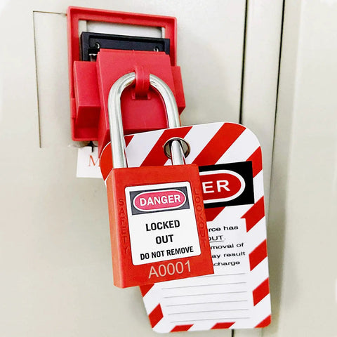 Keyed Different Lockout Tagout Lock Set With 10 Unique Locks And Two Keys Each For Lock Out Tag Out Stations And Devices Red LOTO Padlocks For Industrial Shop Floor Safety in use.