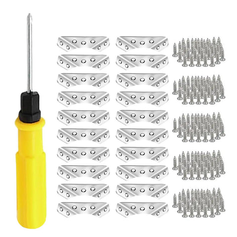Sturdy Furniture Corner Connectors for Secure Wood Joints, shown with screws and a yellow screwdriver