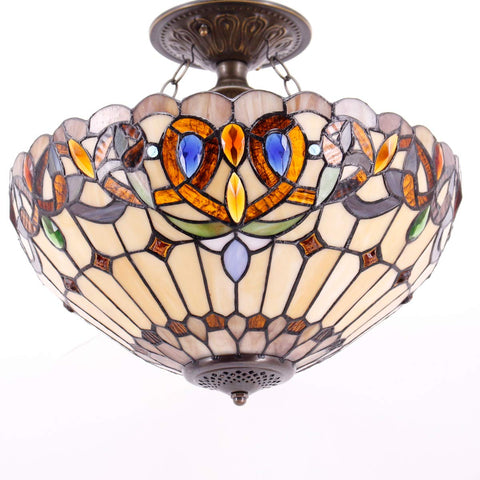 Tiffany Style Ceiling Light Fixture With Victorian Stained Glass Look Semi Flush Mount Lamp 16 Inch Shade 15 Inch Height