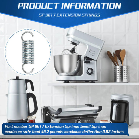 Six Pack 9617 Extension Springs with Hook Ends Go-To 2.64 In Long shown next to kitchen appliances on a counter.