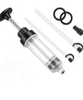Heavy Duty Manual Fluid Extractor Pump 200cc Oil Suction Syringe With Dual Tubing Set For No Sweat Brake And Power Steering Fluid Transfers Leak Tight Tool For Road Warriors showing pump and hoses.