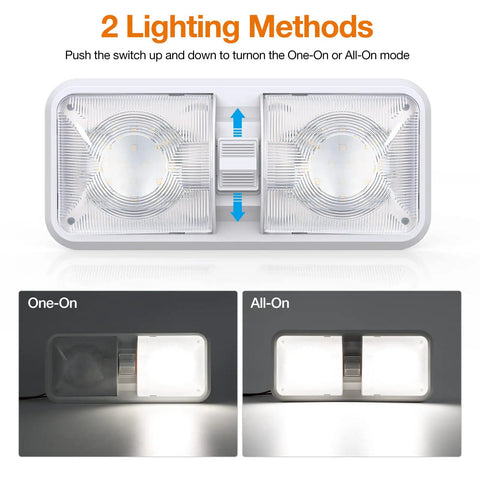 12 Volt RV Interior LED Lights 1000LM 8W Dome Ceiling Fixtures 8 Pack Natural White With Switch showing two lighting modes