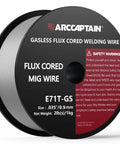 Flux Core Welding Wire.035 E71T-GS MIG Wire 2 Lb Spool Gasless for mild steel, close-up view of spool with label and safety warning.