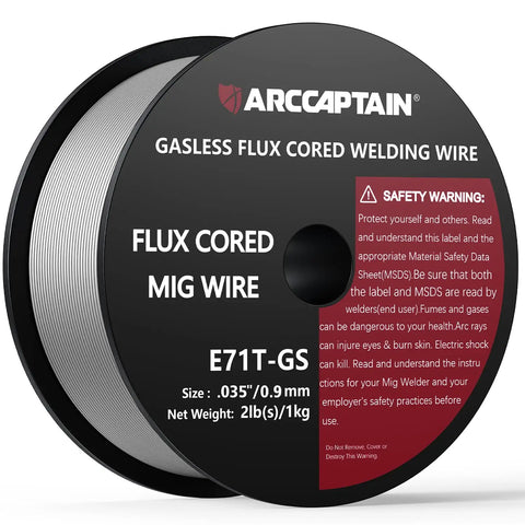 Flux Core Welding Wire.035 E71T-GS MIG Wire 2 Lb Spool Gasless for mild steel, close-up view of spool with label and safety warning.