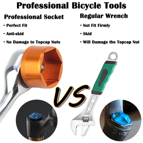 Orange 32mm 3/8 Drive Fork Topcap Socket For Fox 36 38 40 Series Mountain Bike Forks vs regular wrench comparison