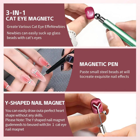 4 Piece Cat Eye Nail Magnet Set Green Dual Ended Magnetic Tools with Round Bead and Heart Magnets in Use
