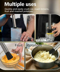 8 Inch Stainless Steel Cocktail Muddler For Mojitos And Fruit Drinks Heavy Duty Bar Tool For Home Bar And Kitchen shown crushing ice, lemons, fruit, and potatoes