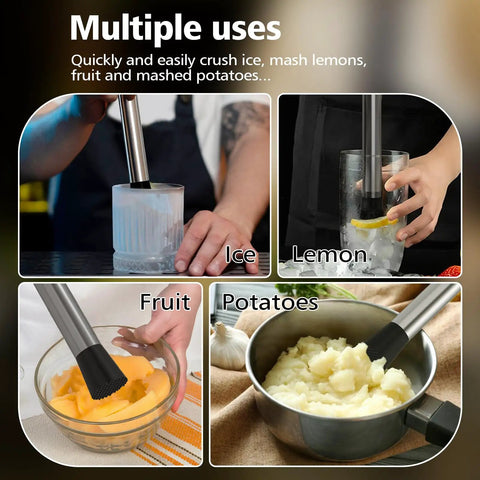 8 Inch Stainless Steel Cocktail Muddler For Mojitos And Fruit Drinks Heavy Duty Bar Tool For Home Bar And Kitchen shown crushing ice, lemons, fruit, and potatoes