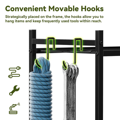 Rolling Garden Tool Organizer With Wheels movable hooks for tools on frame, showcasing utility for garage or shed storage.