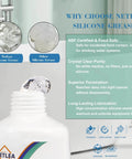 Multi Purpose Silicone Grease For O Rings And Electrical Connectors Dielectric Lubricant For Automotive Spark Plugs High Temperature Insulation Protection Non Drip Formula NSF Certified 1.6 Ounce Tube displayed with gel consistency comparison and product features