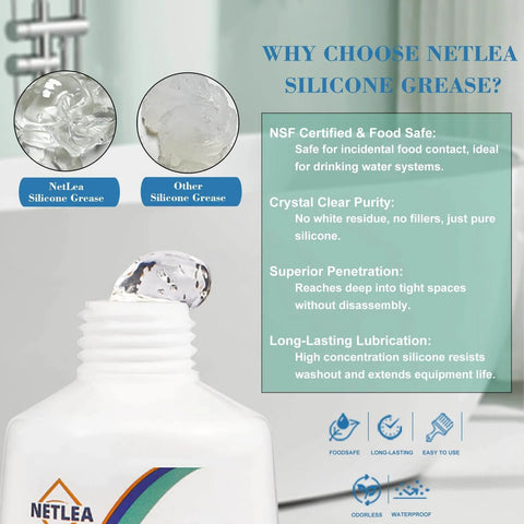 Multi Purpose Silicone Grease For O Rings And Electrical Connectors Dielectric Lubricant For Automotive Spark Plugs High Temperature Insulation Protection Non Drip Formula NSF Certified 1.6 Ounce Tube displayed with gel consistency comparison and product features