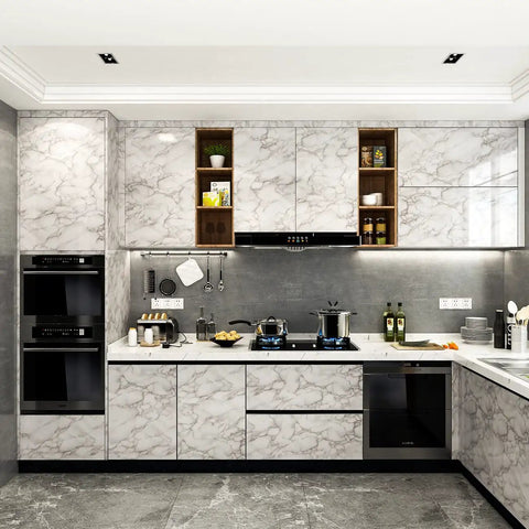 Modern kitchen with Grey White Marble Peel And Stick Countertop Wallpaper Waterproof Self Adhesive Contact Paper on cabinets