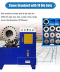 Rock Solid Electric Hose Crimping Machine With Ten Swappable Dies For Hydraulics And Steel Tubes Quick Change Design showing 10 die sets and control panel.