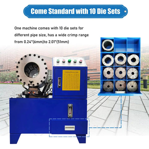 Rock Solid Electric Hose Crimping Machine With Ten Swappable Dies For Hydraulics And Steel Tubes Quick Change Design showing 10 die sets and control panel.