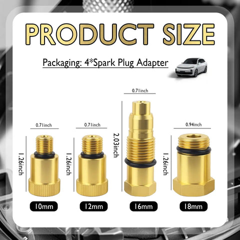 Shop-Ready Four Piece Compression Tester Adapter Kit With 10mm-1.0, 12mm-1.25, 16mm-1.5 And 18mm-1.5 Threads for spark plugs.