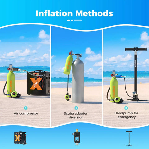 Three inflation methods for Portable 1L Mini Scuba Tank With Regulator And Pressure Gauge: air compressor, scuba adapter, hand pump.