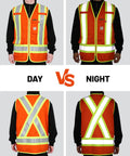 High Vis FR Safety Vest Zip Front Flame Resistant Workwear ANSI Class 1 Reflective Tape NFPA 70E shown in day and night visibility.