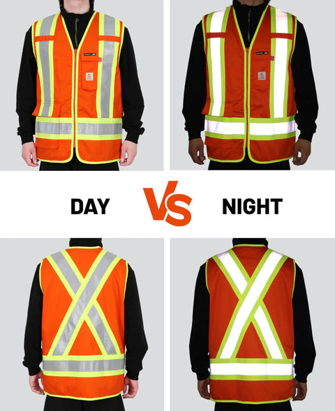 High Vis FR Safety Vest Zip Front Flame Resistant Workwear ANSI Class 1 Reflective Tape NFPA 70E shown in day and night visibility.