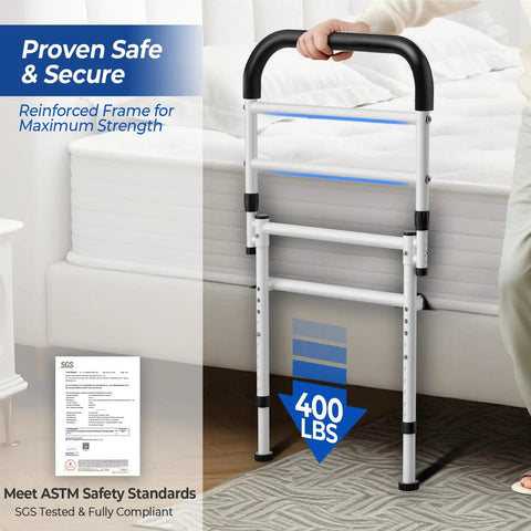 Senior Safe Bed Rails For Seniors With ASTM Approved, 400Lb AntiWobble Support, adjustable feet and non slip handle in use, Model GL04