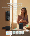 Fingerprint Smart Lock Dope With Two Lever Handles Keyless Front Door Entry Set Electronic Keypad Deadbolt App Control Auto Lock Long Battery Life Secure Home Access Bluetooth Connected For Quick Remote Access displayed on a door with person using an app.