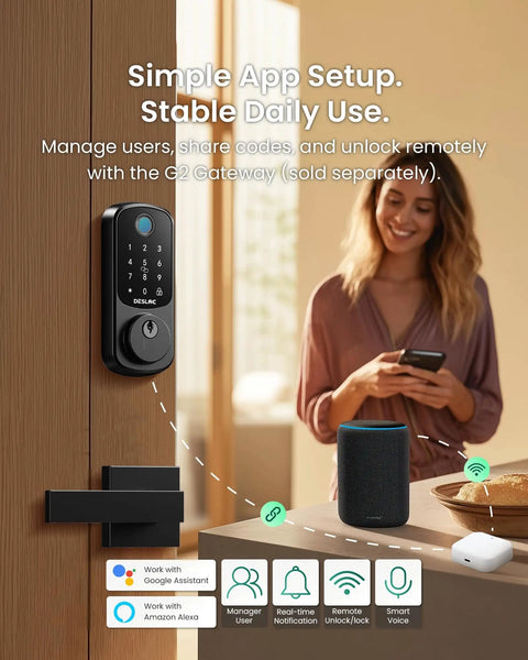 Fingerprint Smart Lock Dope With Two Lever Handles Keyless Front Door Entry Set Electronic Keypad Deadbolt App Control Auto Lock Long Battery Life Secure Home Access Bluetooth Connected For Quick Remote Access displayed on a door with person using an app.