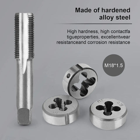 Heavy Duty Metric Tap and Die Set M2 to M18 With Case and Full Accessories, Pro Grade Cutting for External and Internal Threads, 45 Steel Construction for Durability, Ideal For Home Shop and Pro Use shown in detailed close-up view.