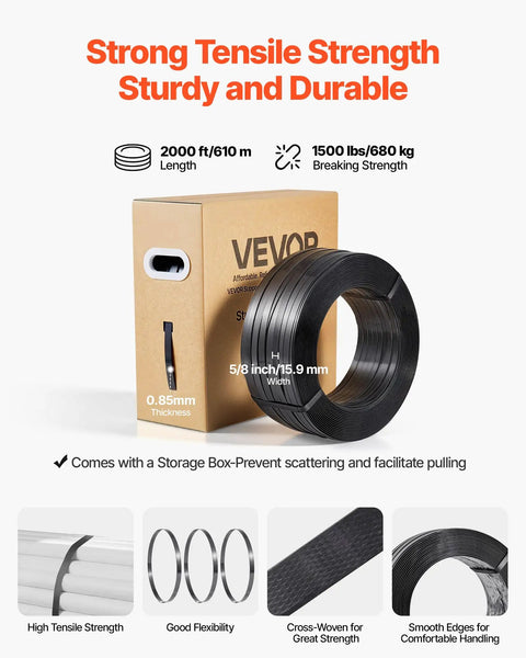 Heavy Duty Banding Sealer Tool Kit With 2000 Ft PET Strapping 600 Metal Seals 200 Corner Protectors And Plastic Pallet Packaging Gear For Warehouse Transportation And Home Use, 5/8 in black roll
