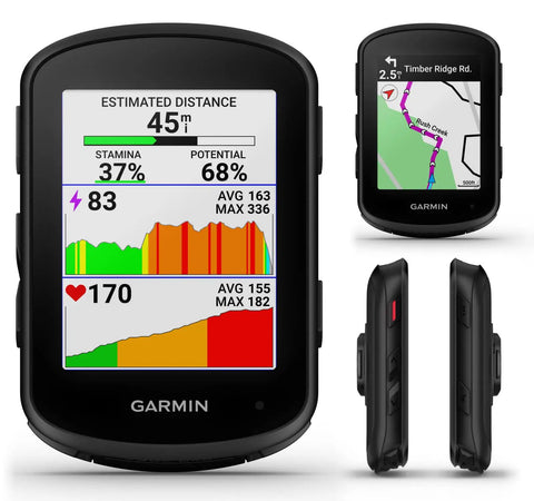 Edge 840 GPS Cycling Computer With Touchscreen And Button Controls, showing performance charts and navigation map