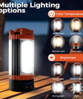 Rechargeable 12000mAh Camping Light With Adjustable Stand And 3 LED Heads, 2200 Lumens Dimmable Magnetic Emergency Flashlight, Detachable Tripod, Cordless Work Light For Outdoors, Go-To Battery Powered Lighting, Orange, shown on a table with multiple lighting options.