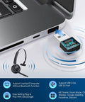 Bluetooth Headset With AI Noise Canceling Microphone, Wireless On Ear Headset with USB dongle inserted into laptop