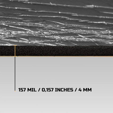 Close-up of 4mm closed cell polyethylene foam sheet with reflective aluminum foil for sound deadening and heat insulation.