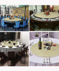 Four dining setups with Round Lazy Susan Turntable With 80 Cm Tempered Glass Tray, ideal for serving cheese, bread, and desserts.