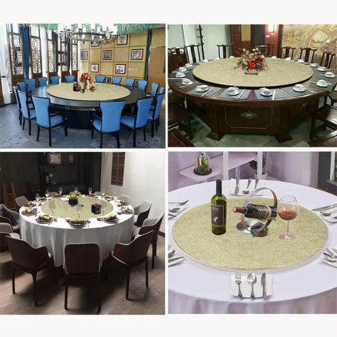 Four dining setups with Round Lazy Susan Turntable With 80 Cm Tempered Glass Tray, ideal for serving cheese, bread, and desserts.