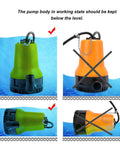 Rugged Submersible DC Water Pump 45W Copper Motor Pushes 1110 Gph displayed in working and improper positions in water.