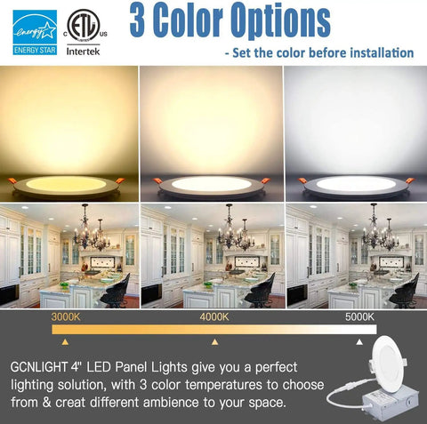 10 Pack 4 Inch LED Recessed Ceiling Lights with Junction Box Canless Dimmable 9W 750LM showcasing 3000K, 4000K, 5000K color options