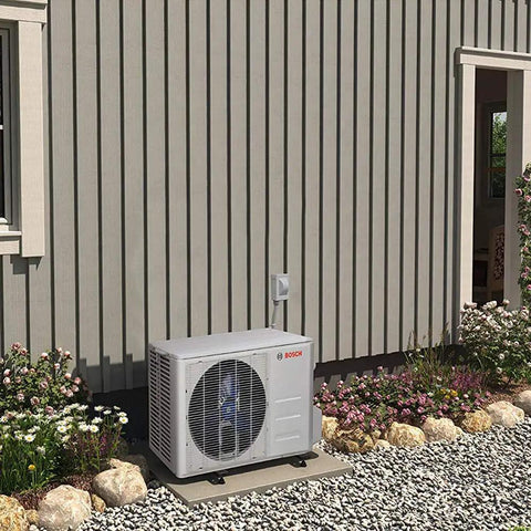 Top Tier Mini Split Air Conditioner And Heater 12000 Btu High Efficiency 230V outdoor condenser unit installed beside a wall.