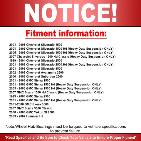 Front Wheel Bearing And Hub Assembly For 4WD Trucks And SUVs With 8 Lugs And ABS Heavy Duty Fitment Notice
