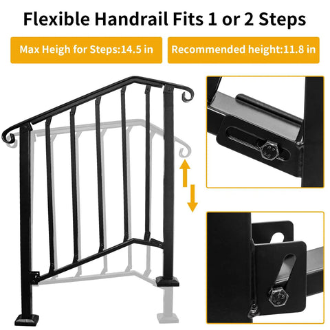 Adjustable Handrail For Two Or Three Steps With Real Wrought Iron Material Outdoor Steps Rail Kit with installation hardware