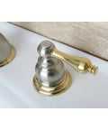 Victorian Style Widespread Bathroom Faucet In Brushed Nickel And Polished Brass Finish showing handle and detail view