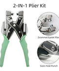 All In One Grommet Tool Kit With Eyelet Punch Plier And Case, featuring 2-IN-1 Plier with green handles, close-up on hole punch.