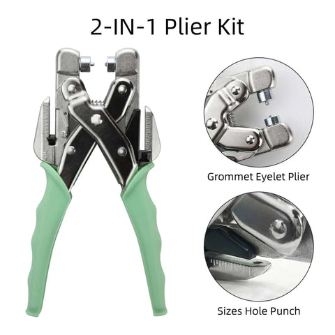 All In One Grommet Tool Kit With Eyelet Punch Plier And Case, featuring 2-IN-1 Plier with green handles, close-up on hole punch.