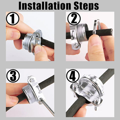 Installation steps for Ten Pack Three Quarters Inch Clamp Type Cable Connectors for Metallic Conduit to Protect Cables.