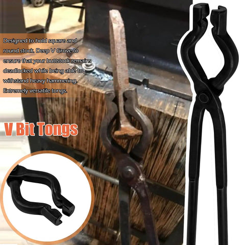 V Bit tongs from Forging Tools Kit For Knife Making Starter Set with square stock grip feature, close-up view.