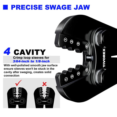 Close-up view of swage jaw of Wire Rope Crimping Tool Kit With Built In Cutter And Swaging Tool Pro Grade Crimp Loop Sleeve.