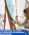 Artist painting on canvas using easel clamped with 10 Pack M6 Star Knobs With Through Hole Hexagon Design For Easy Clamp Tightening.