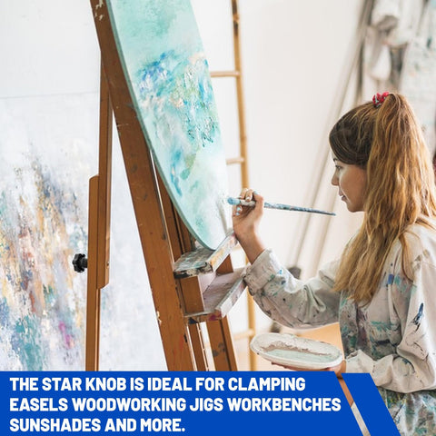Artist painting on canvas using easel clamped with 10 Pack M6 Star Knobs With Through Hole Hexagon Design For Easy Clamp Tightening.